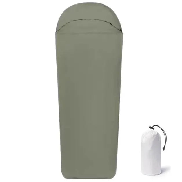 Blue lightweight nylon mummy sleeping bag for adult camping, shown with green colour option.