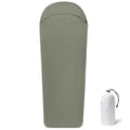 Blue lightweight nylon mummy sleeping bag for adult camping, shown with green colour option.