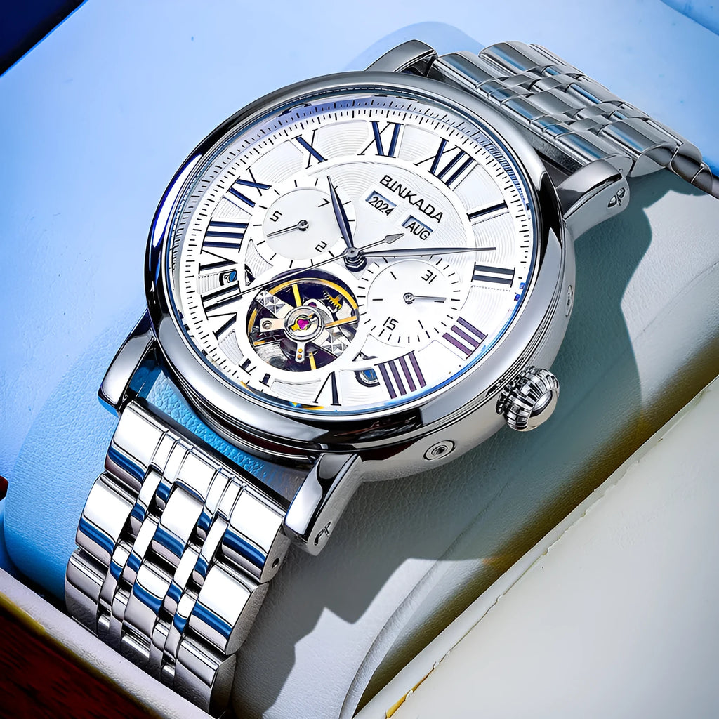 Men's automatic mechanical waterproof watch with steel bracelet in business style