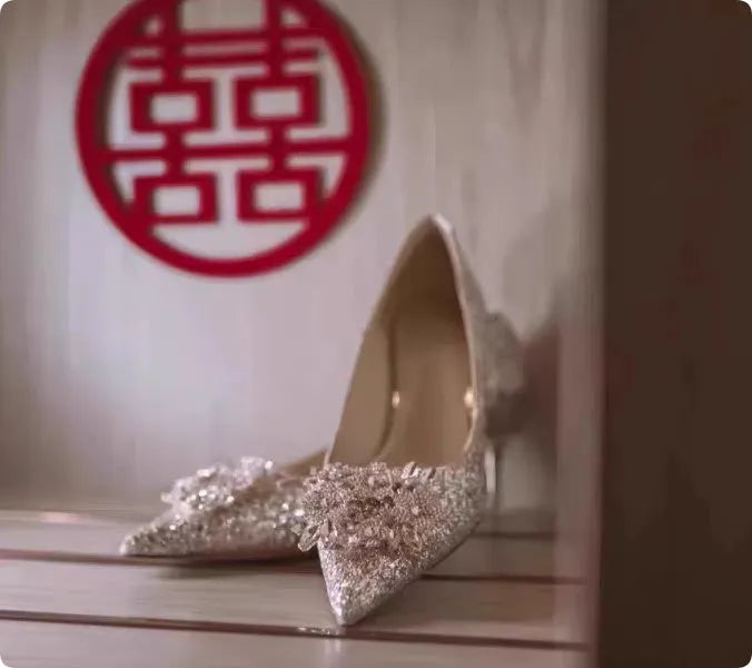 Champagne colour women's wedding shoes with crystal rhinestones and pointed toe design on fine heels