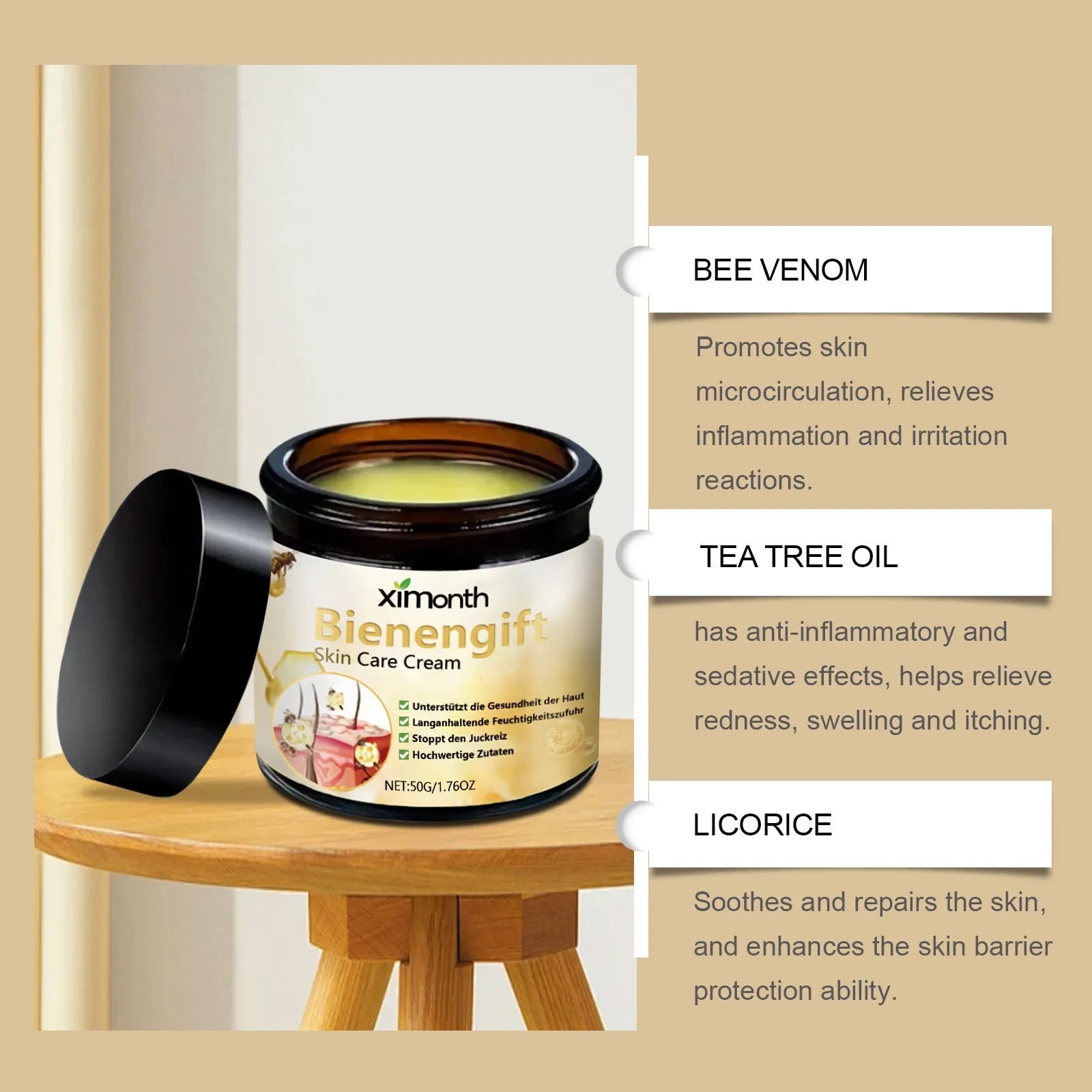 50g tube of bee venom and herbal moisturising cream with shea butter for body and neck