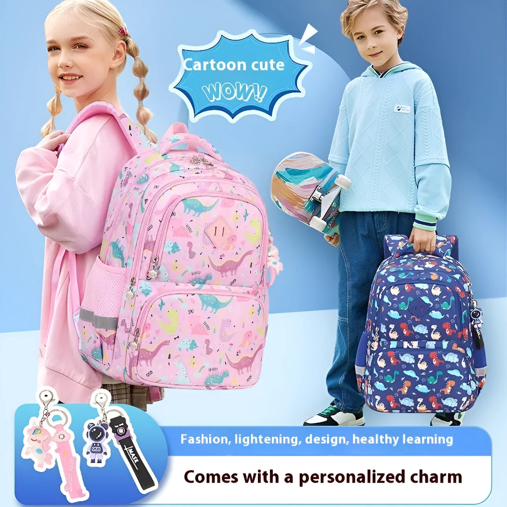Colourful children's waterproof Oxford cloth school backpack with dinosaur print and curved shoulder straps.