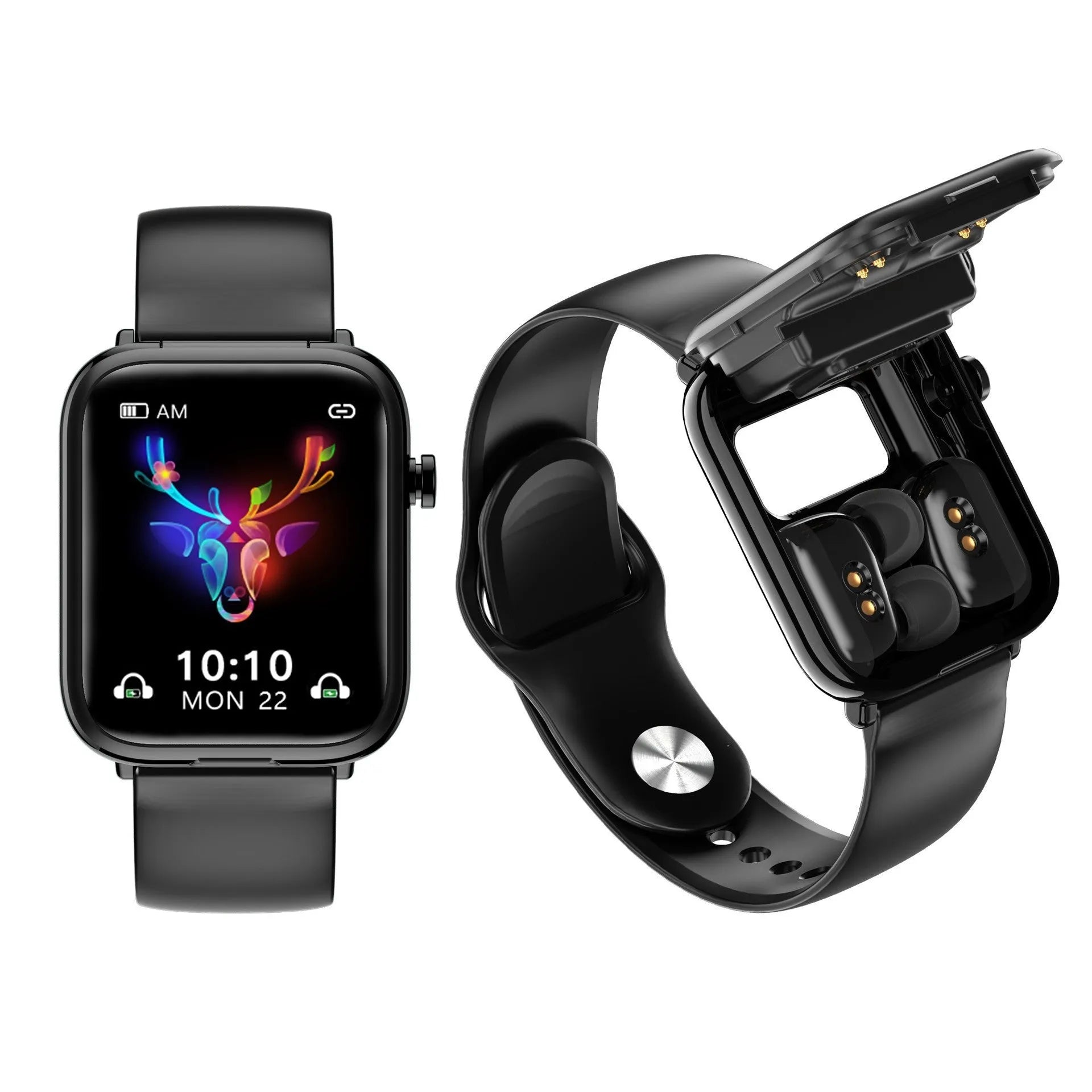 Black smartwatch with 1.69 inch screen and TWS wireless earbuds in charging case