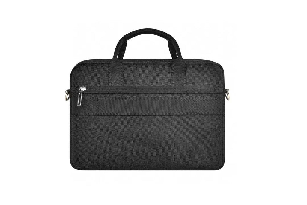 Black Oxford cloth laptop messenger bag with multiple compartments and a lock, shown in 14-inch and 15.6-inch sizes.