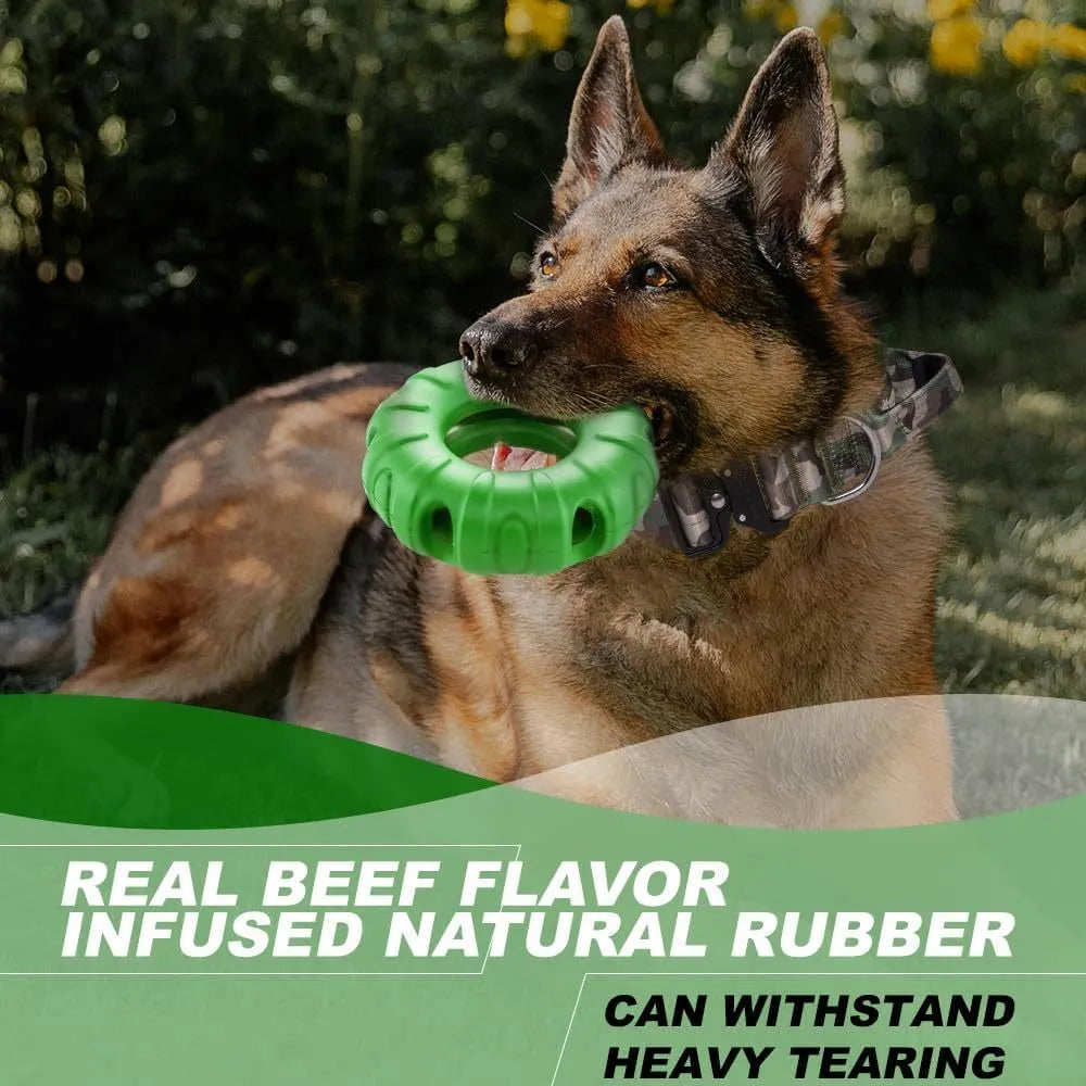 Blue green red beef flavoured tyre-shaped natural rubber dog chew toy and slow feeder