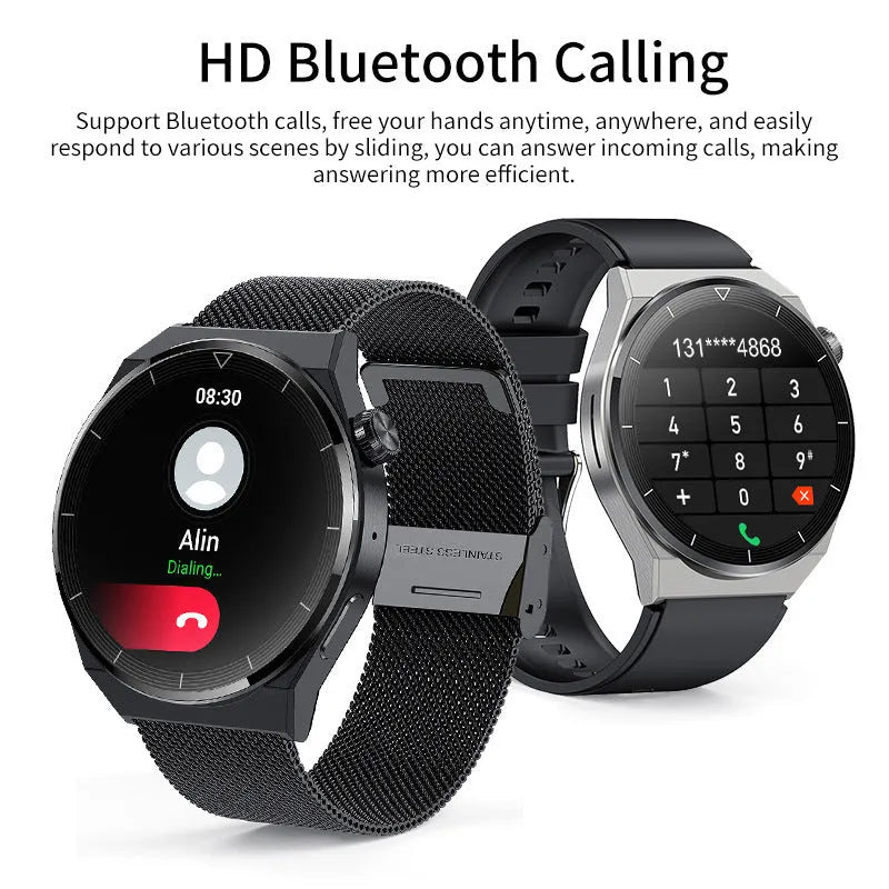 Black silicone smartwatch with silver vinyl case showing health metrics on TFT screen