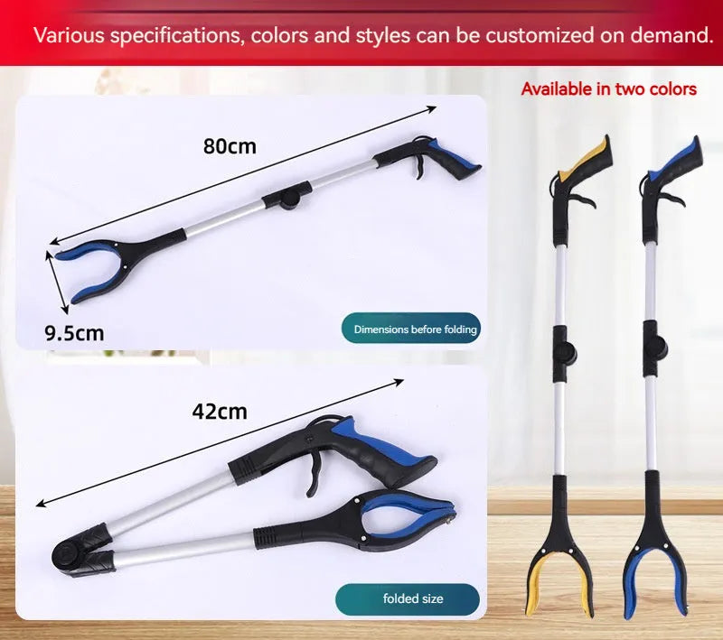 Foldable aluminium garbage clamp extended to 80cm with magnet sucker attachment and blue handle
