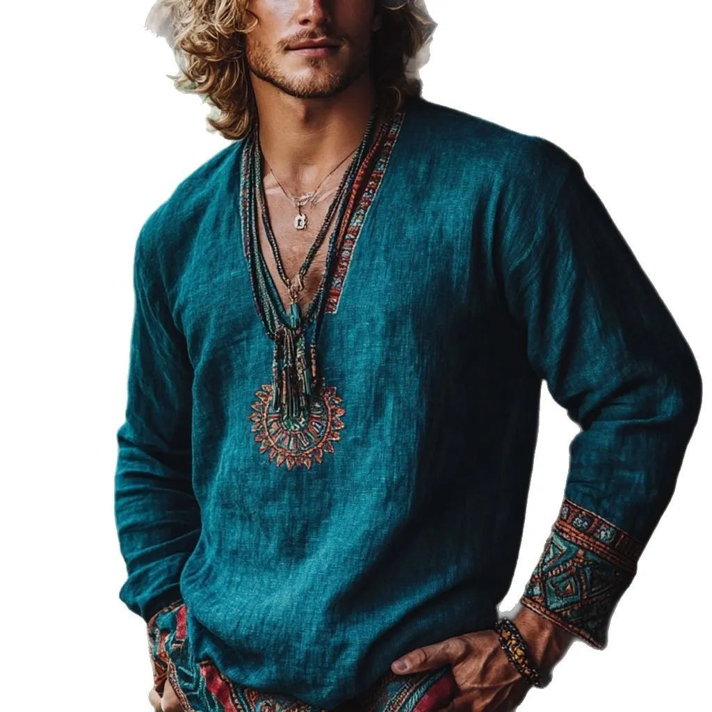 Women's vintage printed boho long sleeve pullover top in picture colour