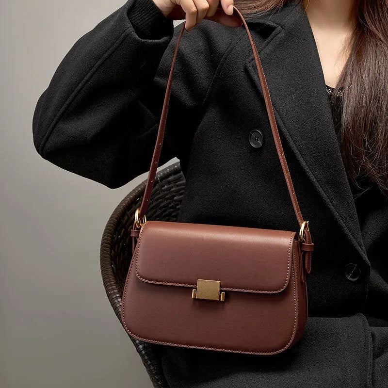 Genuine leather women's crossbody bag with lock, European retro style, apricot colour, horizontal square shape
