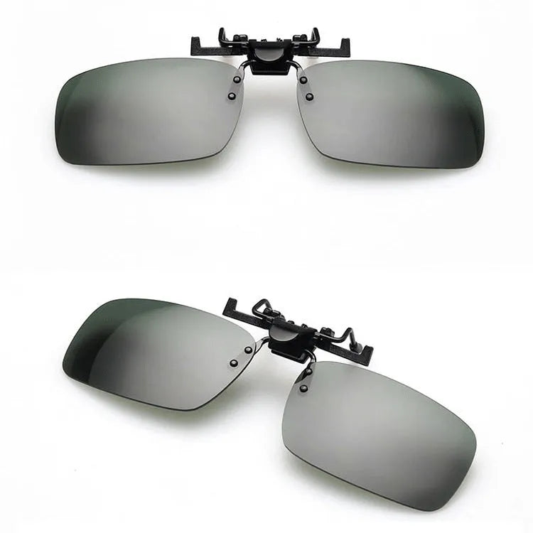 PC plastic clip-on sunglasses for prescription glasses in dark green, grey, and night vision tints