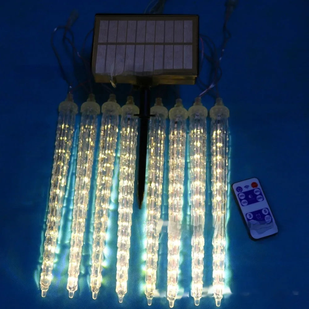 Solar LED ice cone shaped meteor shower festoon lamp with remote control for outdoor Christmas lighting