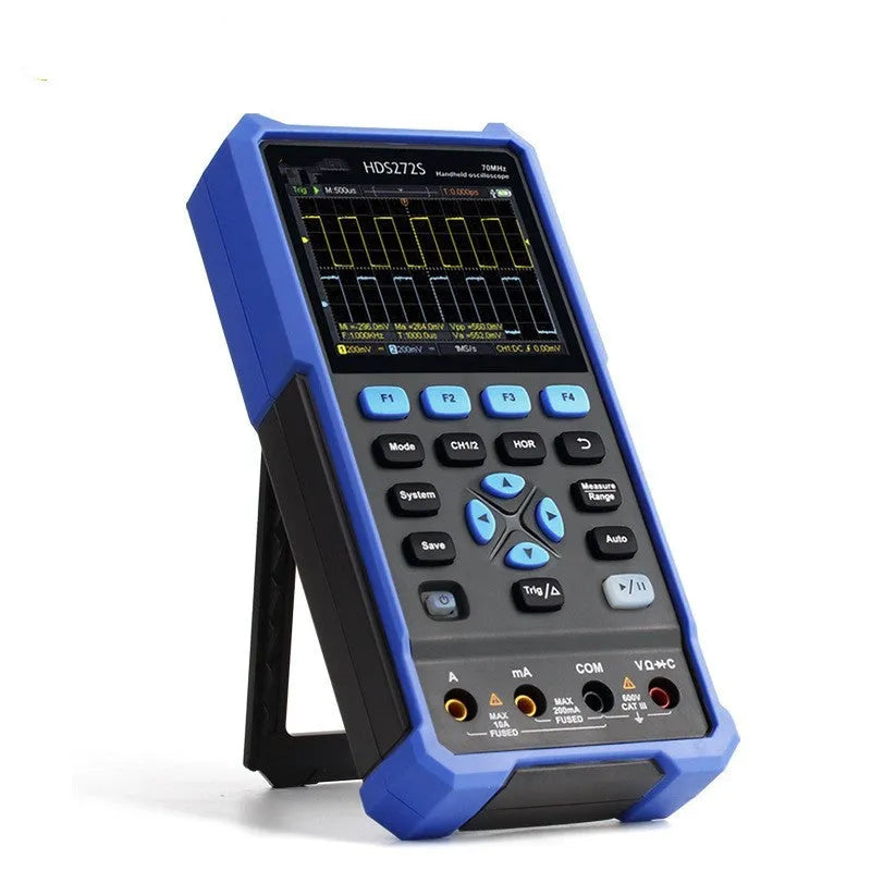 Owon HDS272 handheld digital oscilloscope with probes and accessories for portable electronics testing