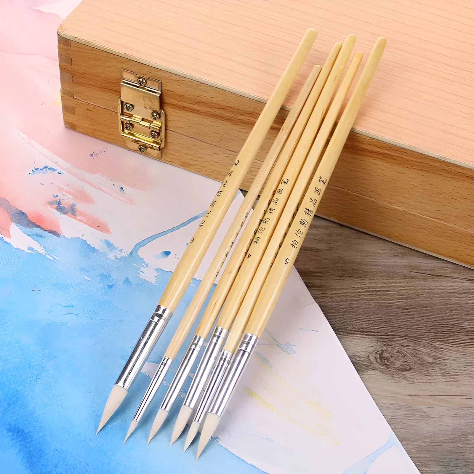 Wooden hooked brush pen set with 6 artistic wool tipped pens for painting and calligraphy
