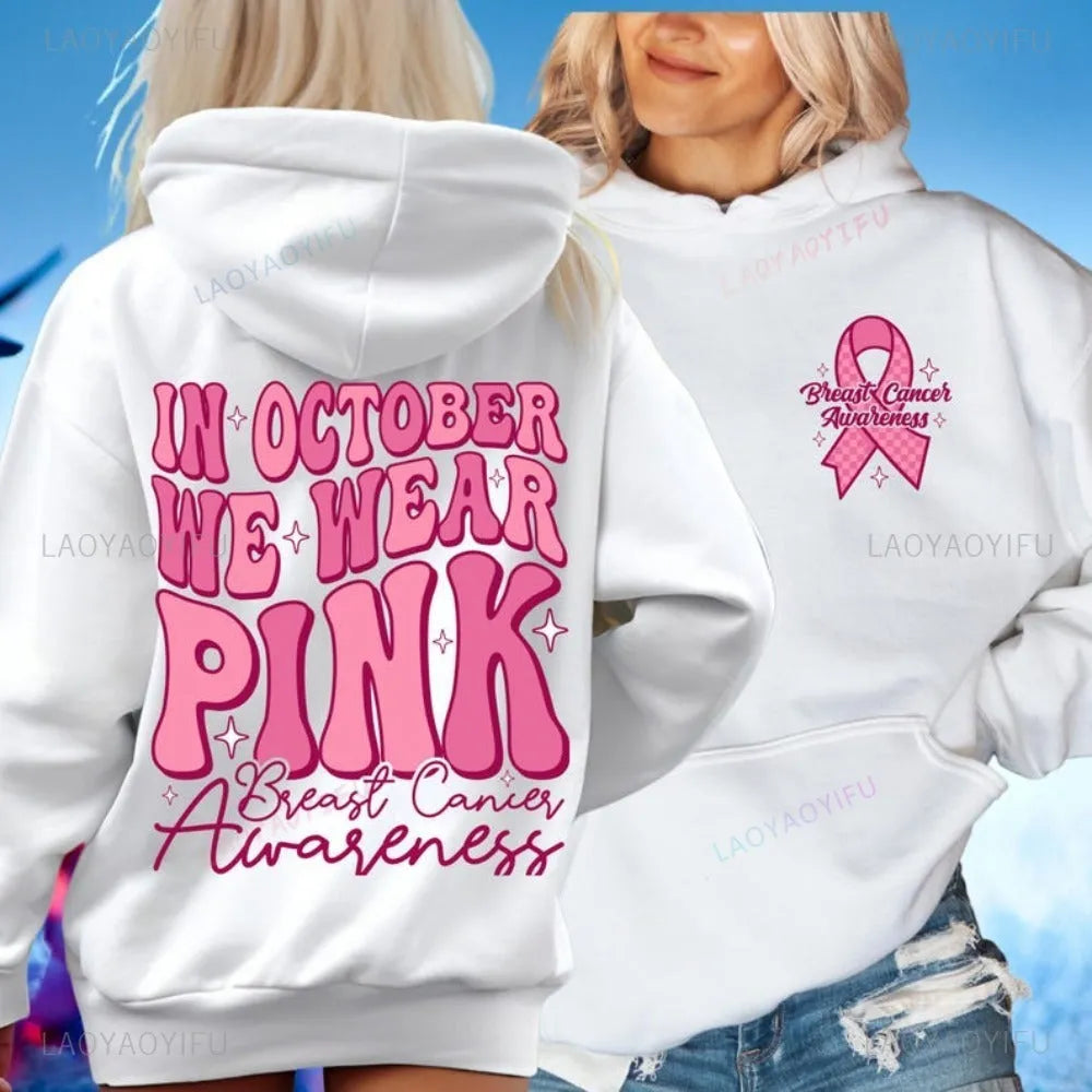 Breast Cancer Awareness pullover hoodie with retro print and side seam pockets in pink.
