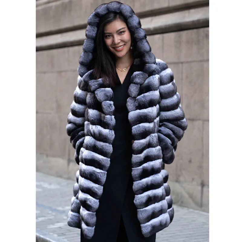 Women's zebra stripe artificial mink overcoat with mid-length cut and regular sleeves