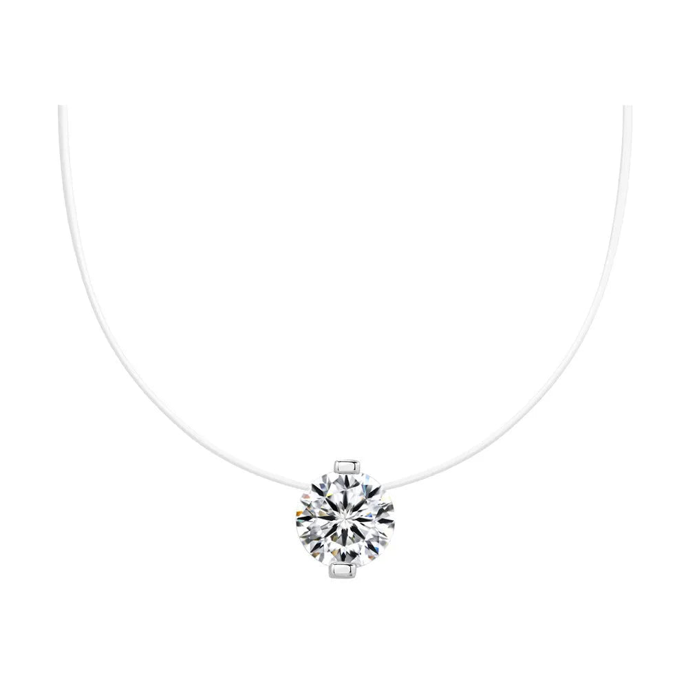 Women's sterling silver moissanite clavicle chain necklace with invisible fishing line setting.