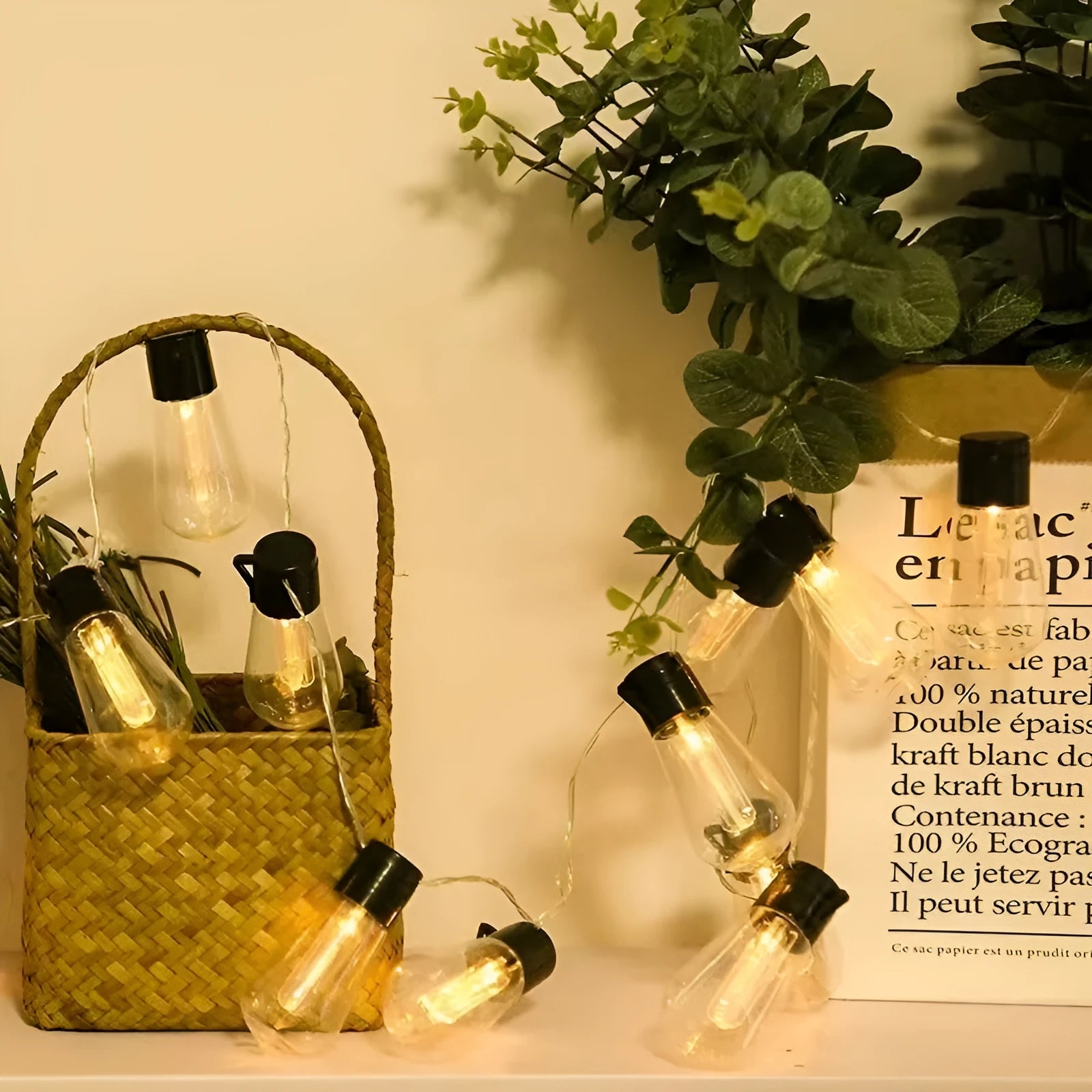 Waterproof outdoor string lights with retro long bulb bottle shape in garden setting