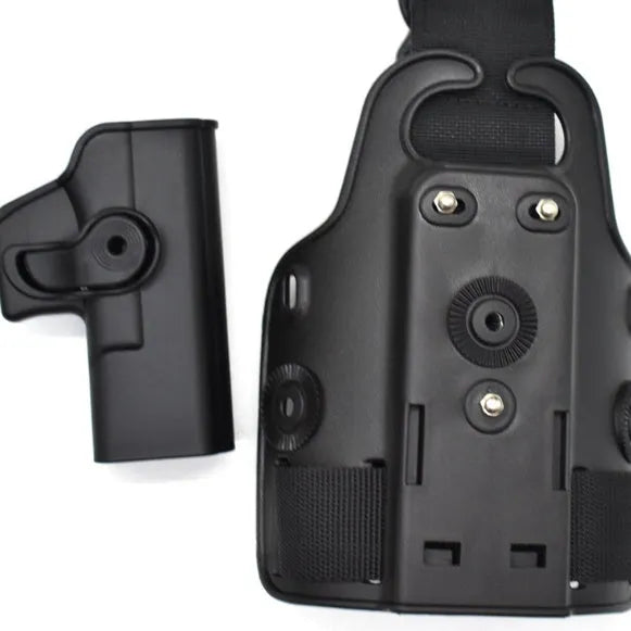 Tactical leg holster with waist plate attachment and quick-pull access for outdoor sports gear carrying