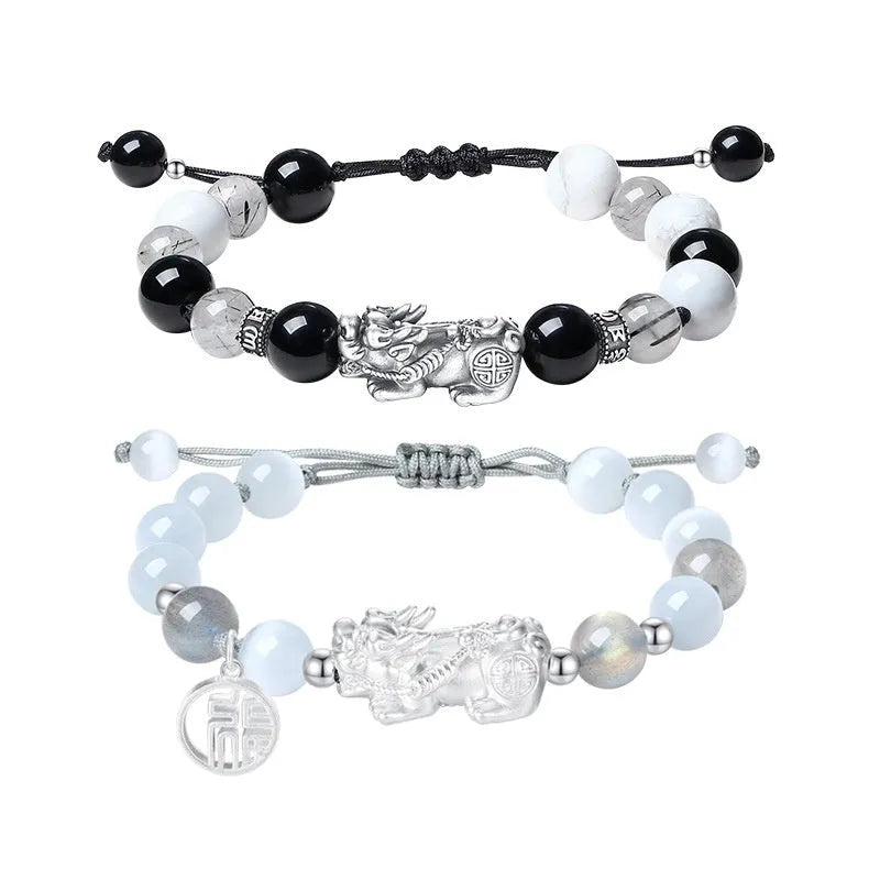 Hand-woven 999 sterling silver couple bracelet set with animal elements and tassel details