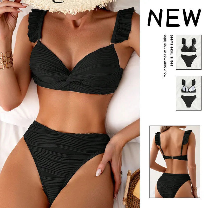 Women's solid colour polyester bikini swimsuit set in black or khaki with Asian sizing