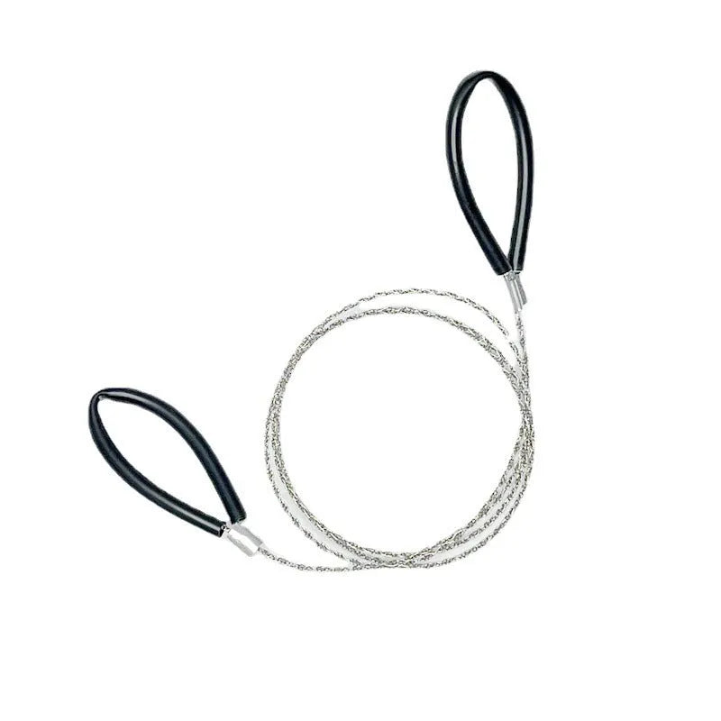A black or red leather case containing a coiled stainless steel survival wire saw, approximately 70 cm long.