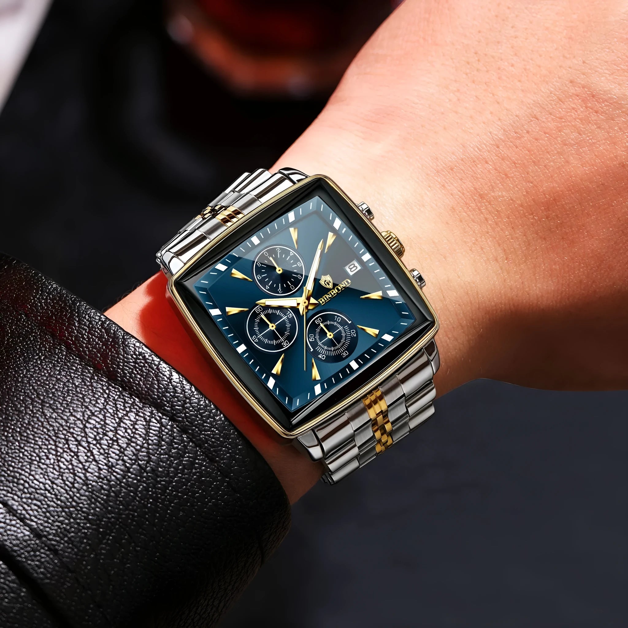 Men's rectangular stainless steel business watch with luminous hands and waterproof quartz movement