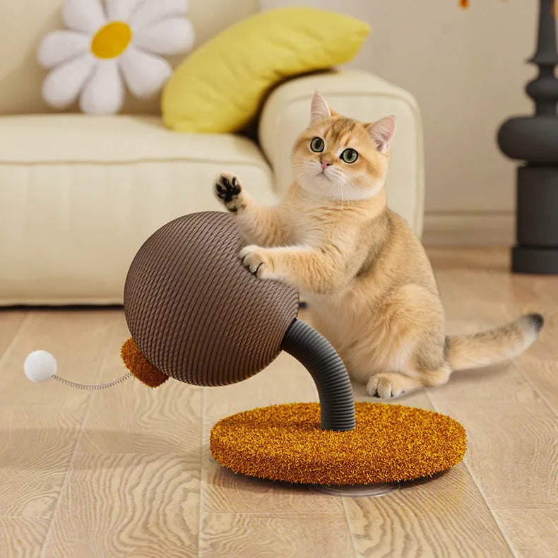 Hemp rope cat scratching board with self-grooming tumbler and cat grasping ball.