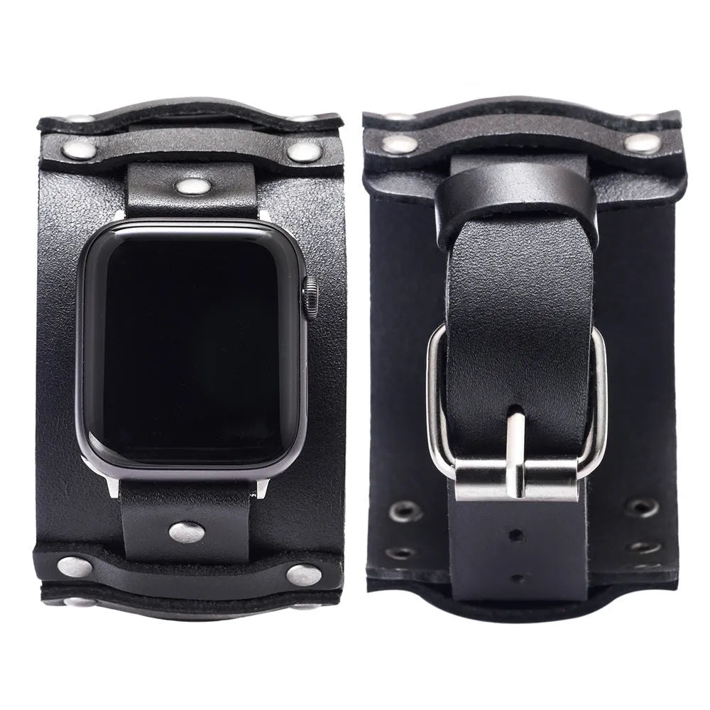 Genuine cowhide watch strap punk style black colour 38/40mm lug width on a dark background