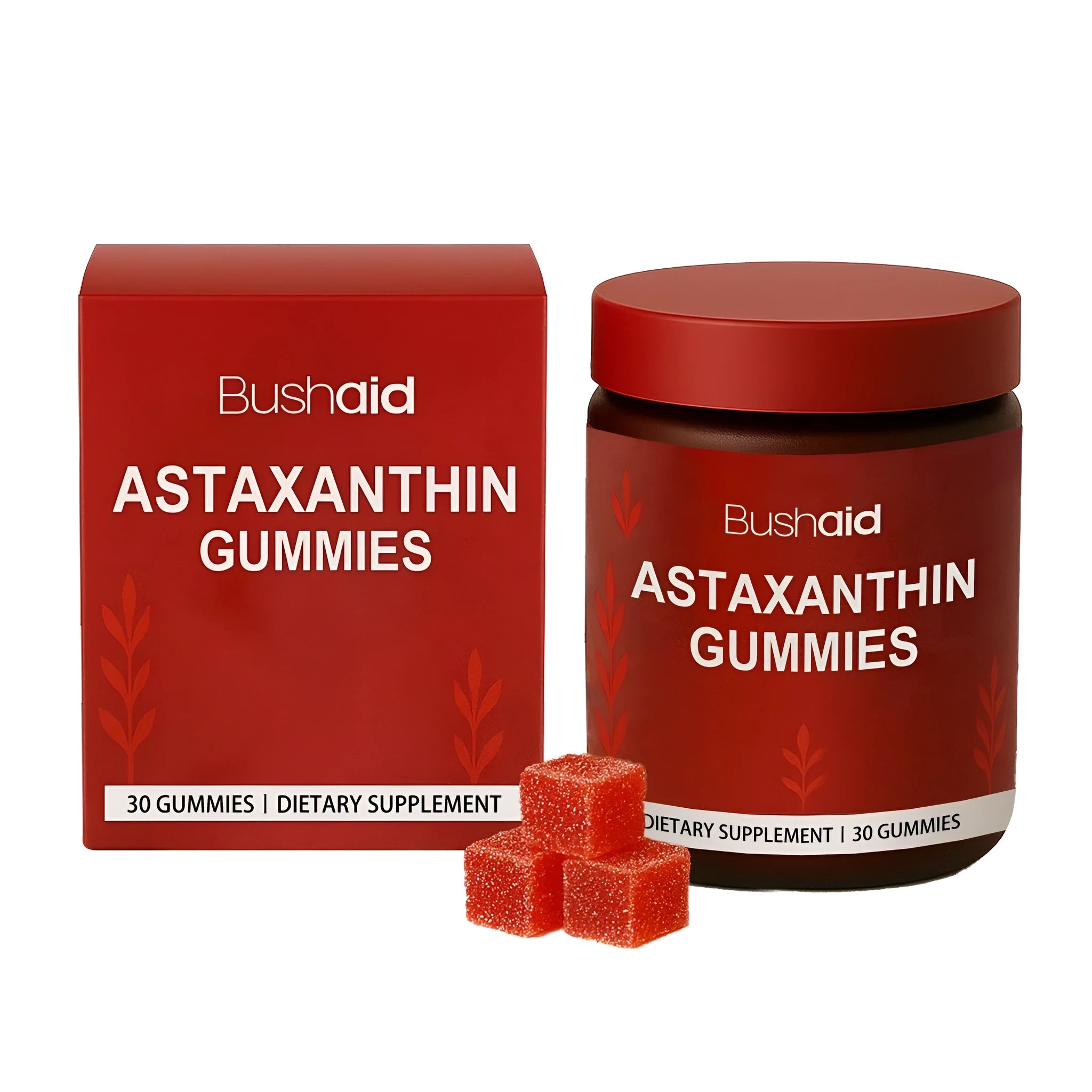 Container of 30 astaxanthin supplement gummies with vitamin C and zinc