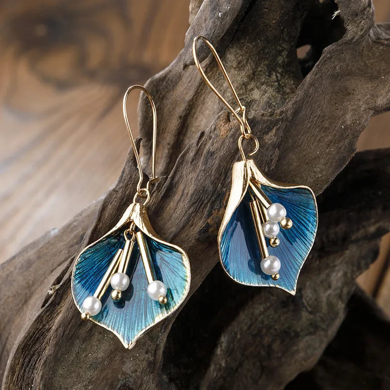 Retro flower earrings for women, alloy electroplated finish, blue and green colour options