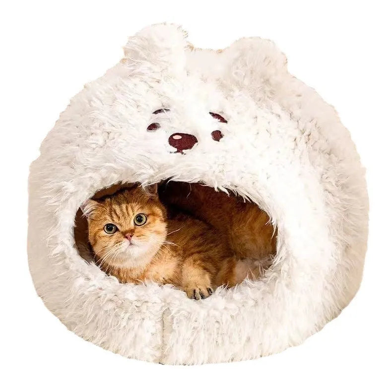 Semi-enclosed cat litter tent kennel in a yurt style with a zippered curtain and removable cushion.