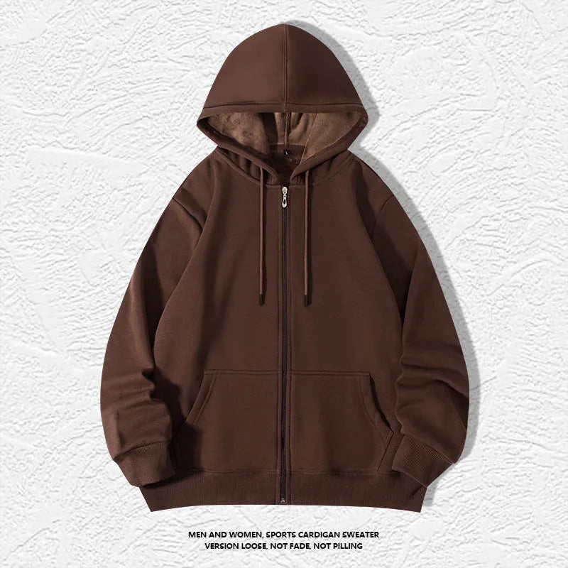 Men's plus size zip hooded sweater in 420g cotton fabric with top-stitch pockets