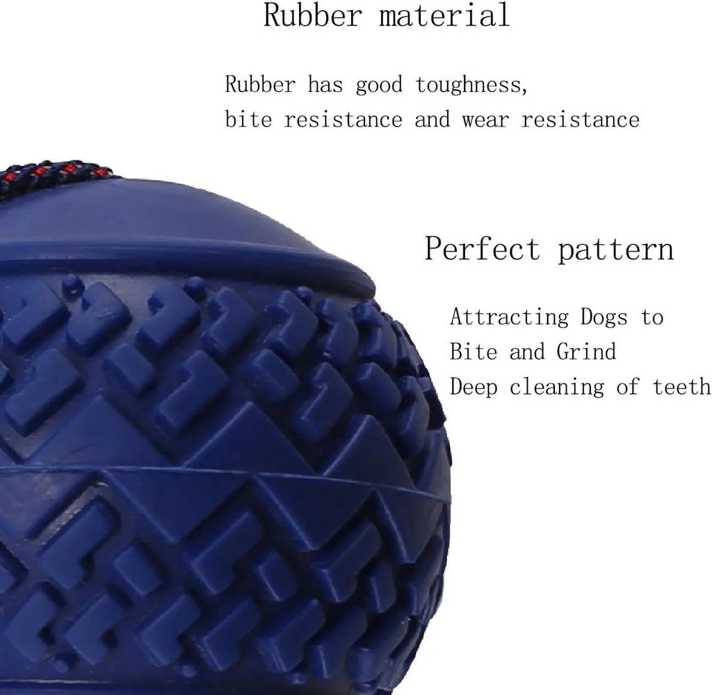 Blue dog ball with rope toy for tug-of-war and teeth cleaning, shown next to a red one.