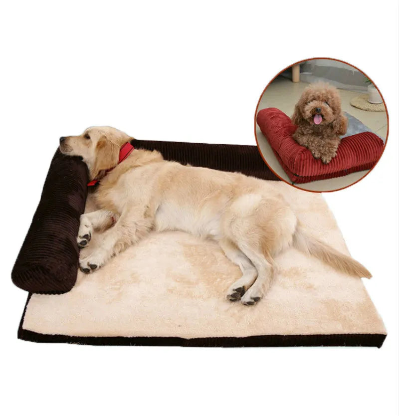 Corduroy bolster dog bed in grey with a removable cover, shown in a large (L) size on a hardwood floor.