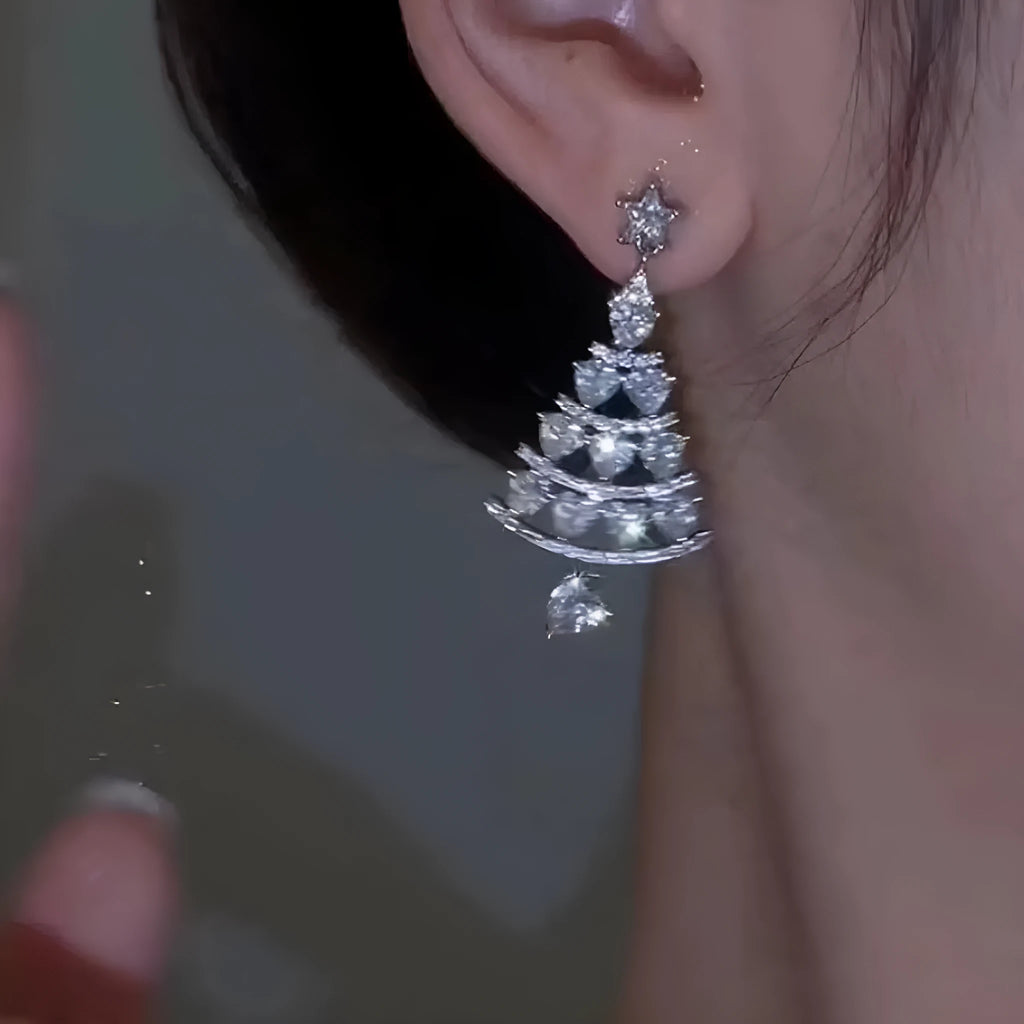Women's silver needle Christmas tree earrings alloy electroplated geometric drop earrings with bell detail