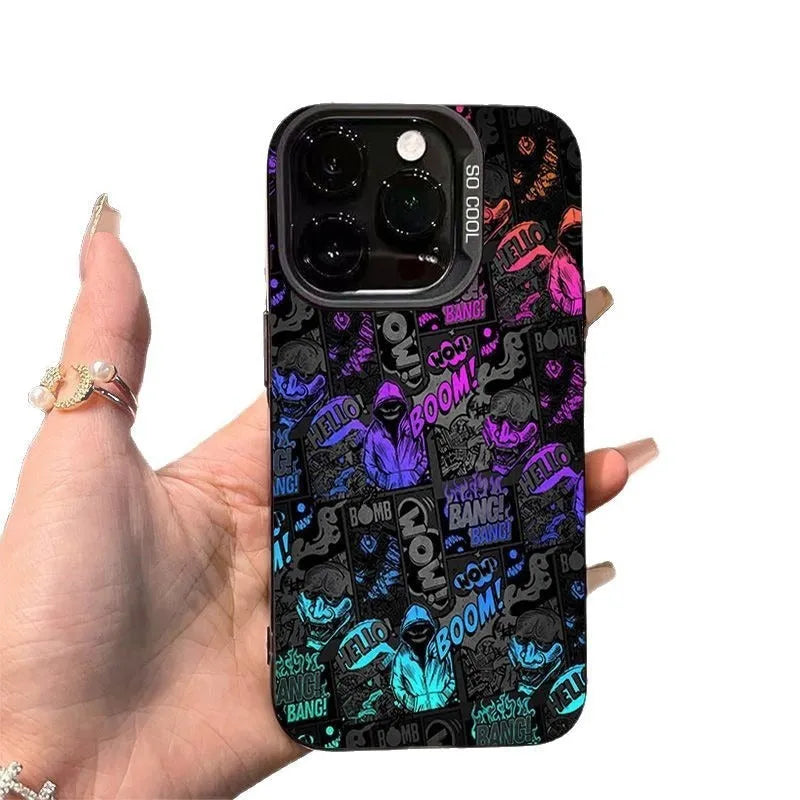 Cool graffiti PC phone case for Apple iPhone, black with silver accents, shockproof hard shell
