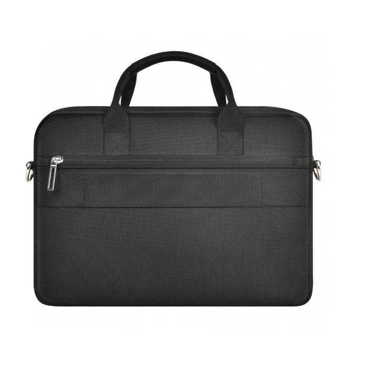 Black Oxford cloth laptop messenger bag with multiple compartments and a lock, shown in 14-inch and 15.6-inch sizes.