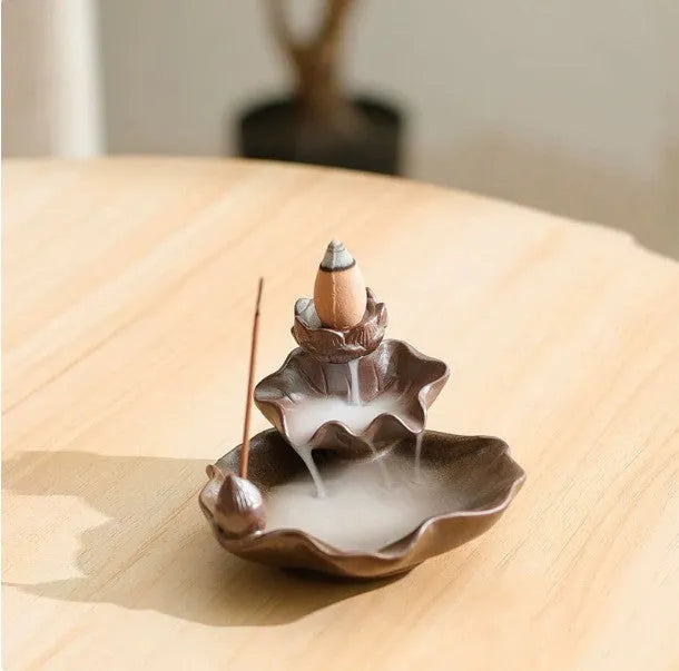 Purple clay ceramic reverse flow incense burner with crystal glaze lotus design
