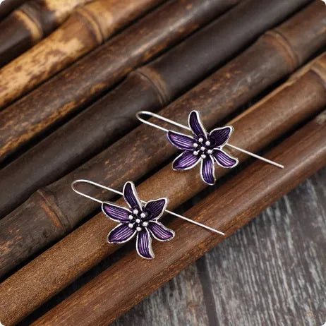 Purple flower-shaped alloy earrings with electroplated finish for women
