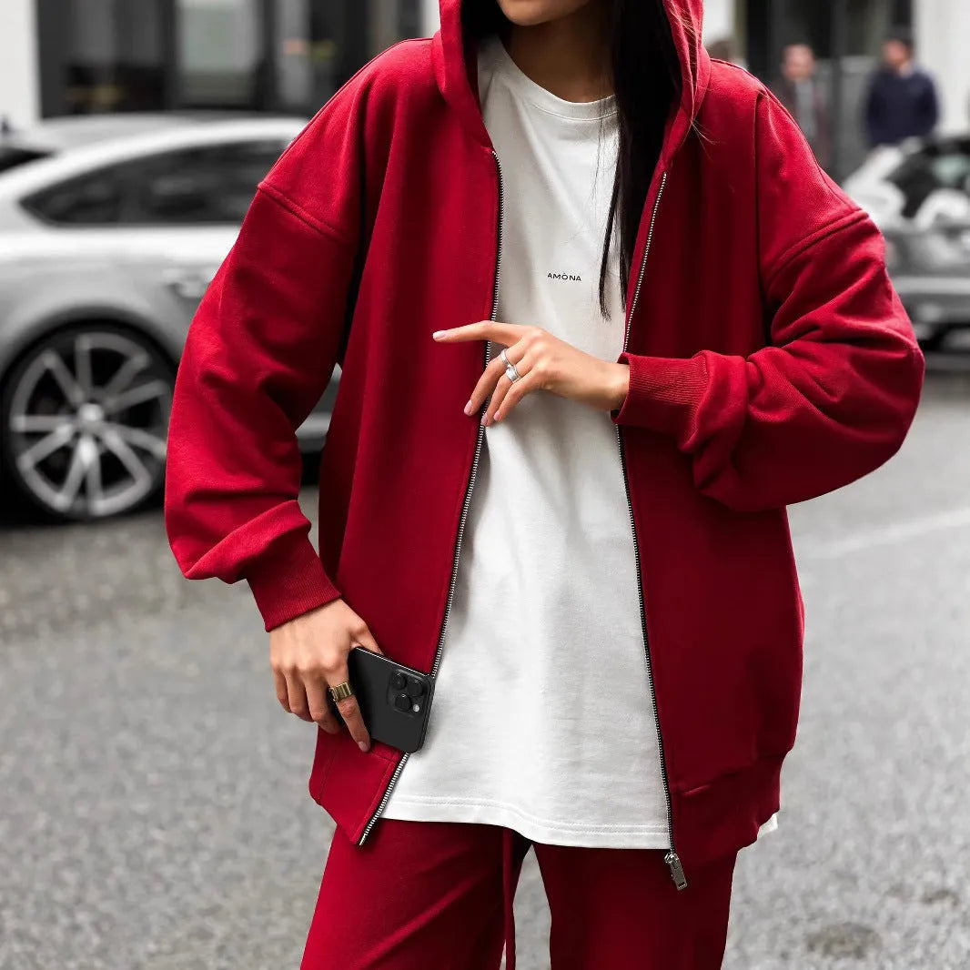 Street style loose fit two-piece set with long-sleeved coat and matching trousers in solid colour