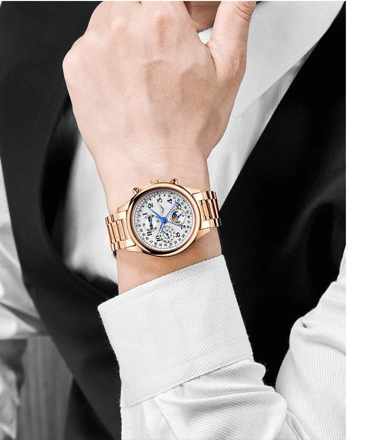 Men's mechanical perpetual calendar watch with moon phase display on leather strap