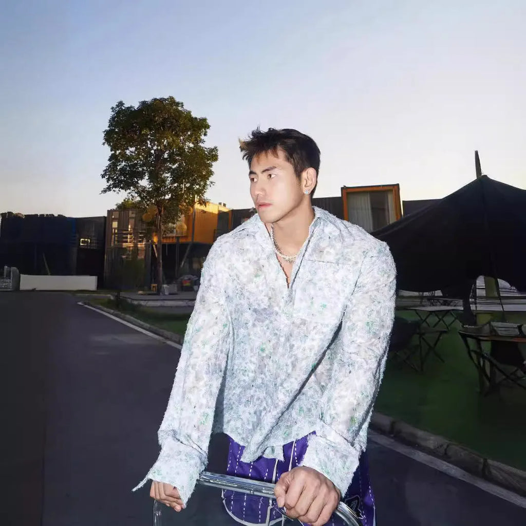Men's loose floral long sleeve shirt with 3D embossing pattern in pink and blue colour options