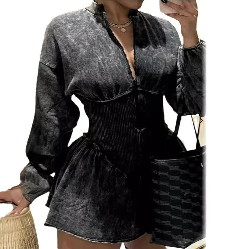 Grey women's slim-fit A-line dress with digital printing and long sleeves.