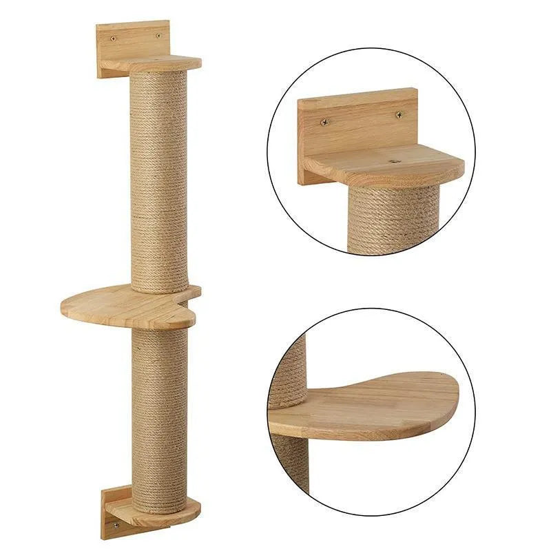 Wooden cat climbing frame with sisal scratching post and wall-mounted jumping platform