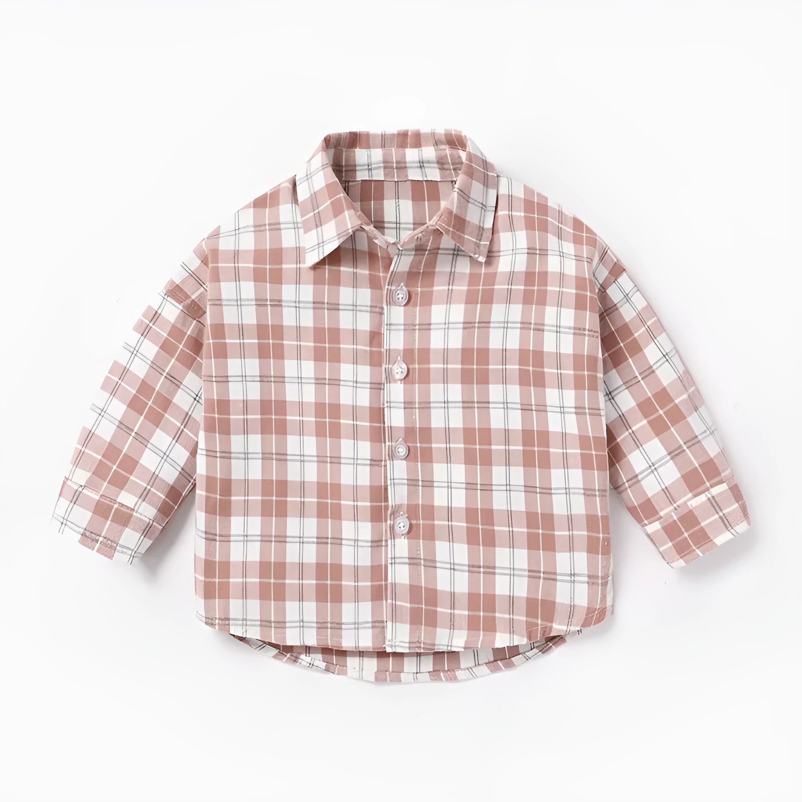 Boy wearing a cotton long sleeve lattice check shirt in khaki, available in sizes from 73cm to 110cm.