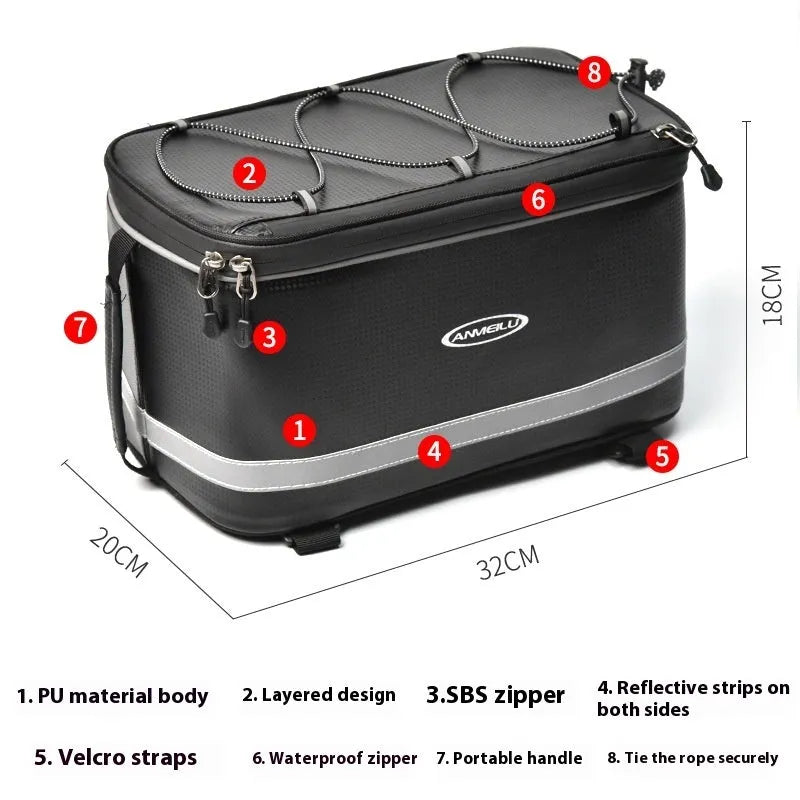 Black PU leather backseat bag for bicycle rack equipment with 12 litre capacity