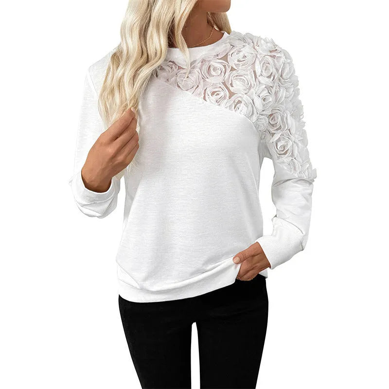 White floral pattern long sleeve women's pullover top with loose fit