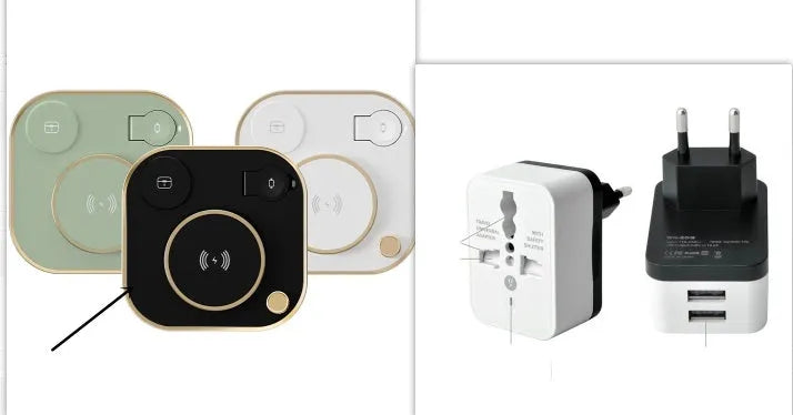 Black three-in-one wireless magnetic charger with desk lamp and USB cable on a wooden desk.