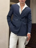 Men's striped double-breasted polyester blazer shown in regular fit for daily wear