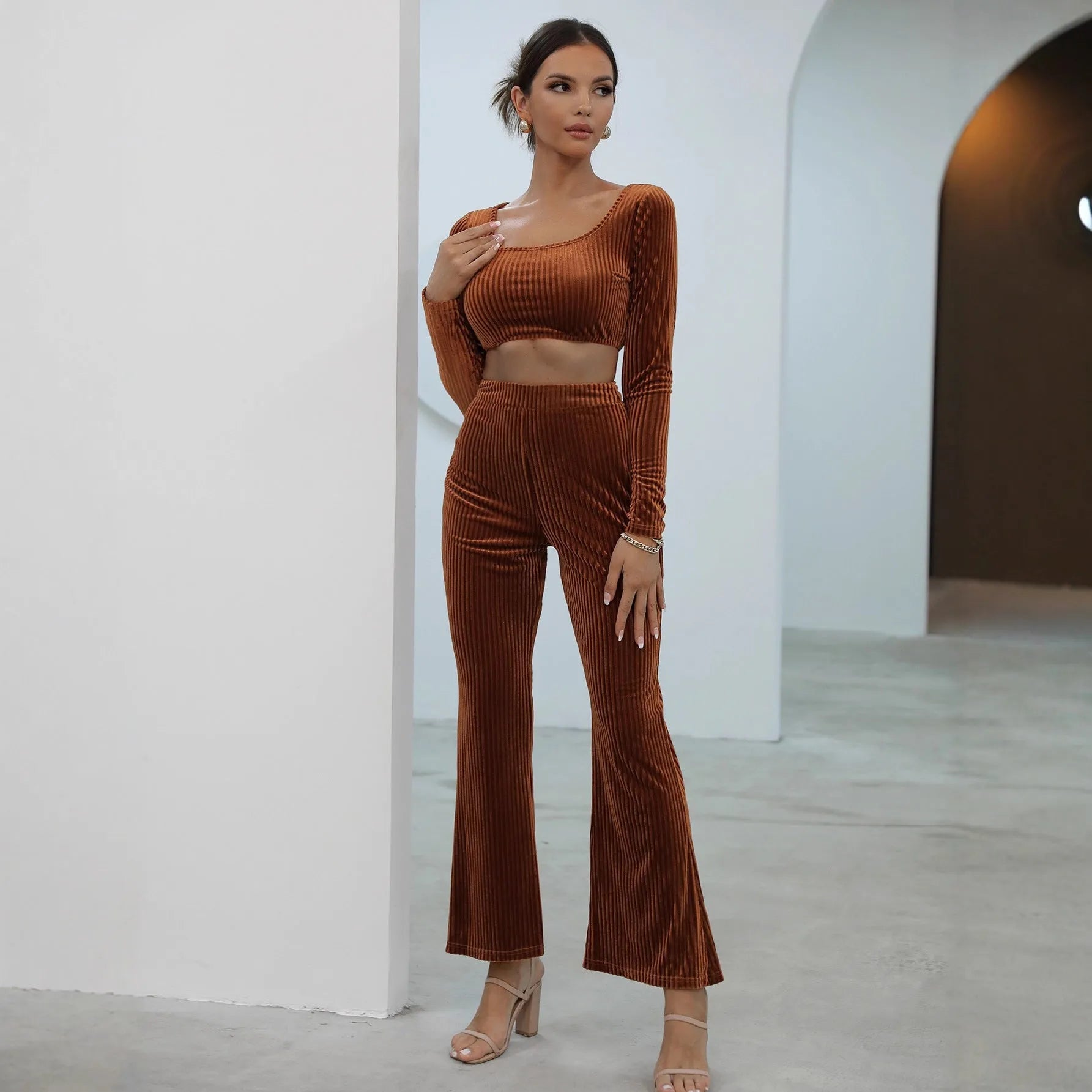 Caramel coloured long sleeve sweater and trousers casual set on hanger